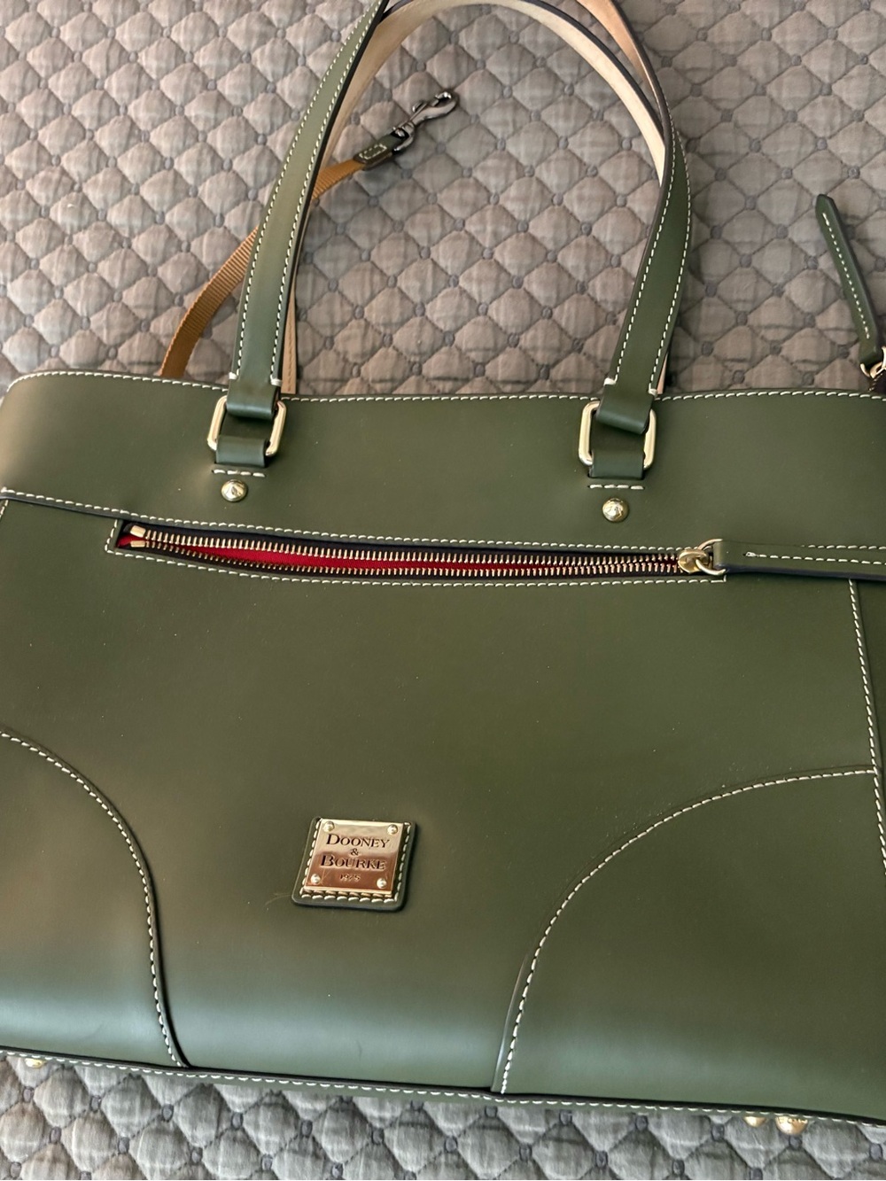 Dooney & Bourke Olive Green Leather Tote with Contrast Stitching - Picture 1 of 6